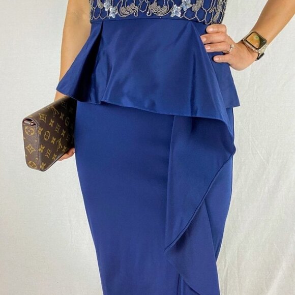 Marchesa Notte Navy Lace Ruffle Formal Gown $1195 - Picture 4 of 13